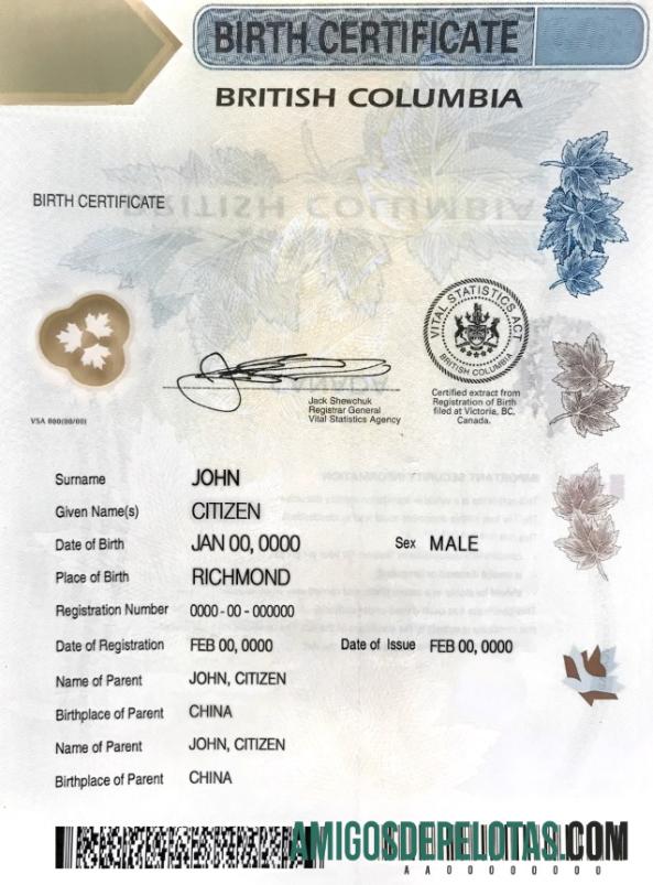 Imprimível modelo de certidão de nascimento da Colúmbia Britânica do Canadá em PSD